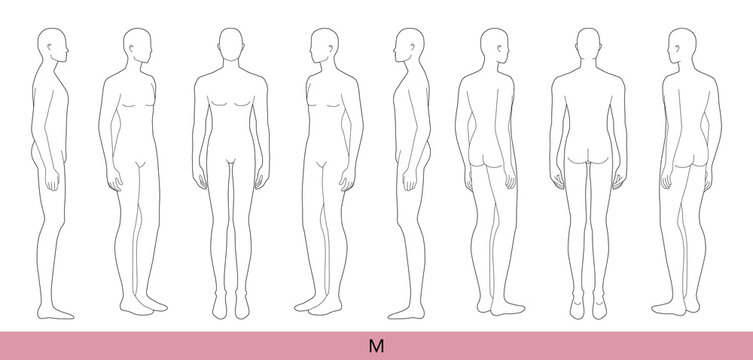Set of M Size Men Fashion template 9 head medium Croquis Gentlemen model skinny body figure front, side, 3-4, back view. Vector isolated sketch outline boy for Design, Illustration, technical drawing