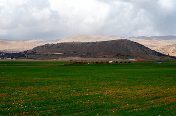 Panoramic view on agricultural valley Zafarraya with fertile soils for growing of vegetables, green...