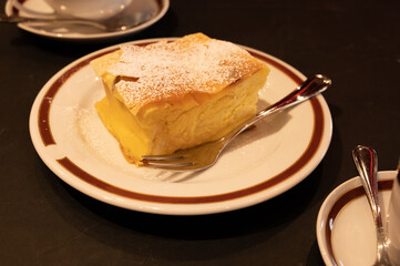 Austrian sweet dessert, filled with white cheese strudel served warm in traditional cafe in Vienna, Austria