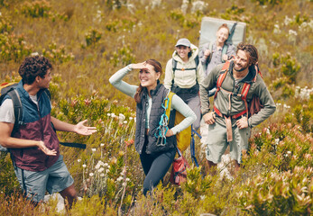 Group hiking, nature travel and guide in communication with friends on holiday in countryside of...