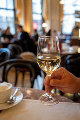 Lifestyle of beautiful Vienna, glass of white dry Austrian wine served in old Viennese-style cafe in Vienna, Austria