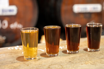 Tasting of different sweet wines from wooden barrels on old bodega in central part of Malaga,...