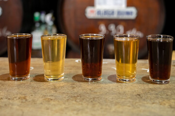 Tasting of different sweet wines from wooden barrels on old bodega in central part of Malaga, Andalusia, Spain