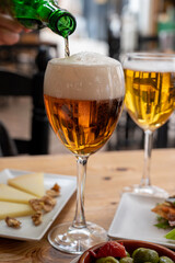 Lunch with cold beer in Spanish outdoor cafe, tapas bowl with green olives and Spanish cheese manchego with nuts
