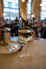 Glass of white dry Austrian wine served in cafe in Vienna, Austria
