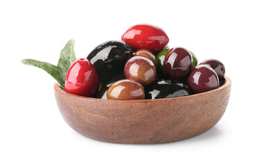 Bowl with different kinds of olives on white background