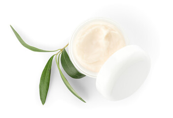 Obraz na płótnie Canvas Jar of cream with olive branch on white background