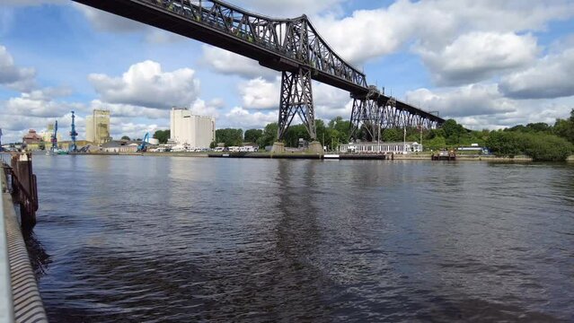 The Rendsburg railroad high bridge with a passing train