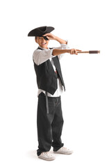 Little boy dressed as pirate with spyglass on white background