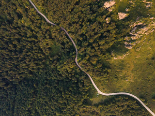 Top down aerial drone view of the road in mountain range trough the trees and forest wild travel rural vacation and nature concept background