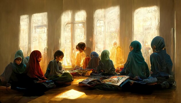 Muslim children in a classroom at school reading, writing, learing and studying, warm light through window, conceptual illustration