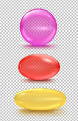 A set of translucent capsules or bubbles on a transparent background. Vector illustration