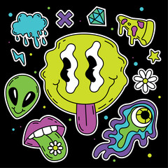 Colored group of groovy emotes and icons Melting face Vector