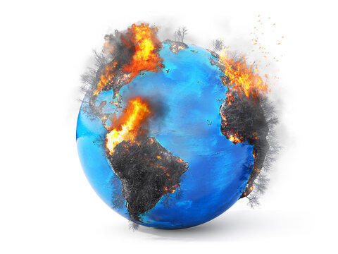 Forest fire. Planet full of fires on a white background. 3d illustration