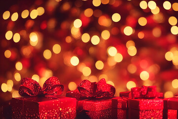 Christmas gift boxes with a big red bow stand against a backdrop of twinkling holiday lights