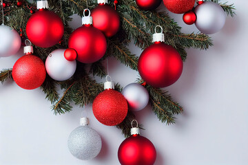 Composition of Christmas decorations, red and white balloons and spruce branches, isolated on a white background