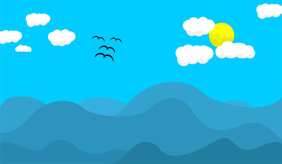 Fototapeta na wymiar FLAT ILLUSTRATION OF SEA, WAVES, CLOUDS AND SUN VIEWS. SUITABLE FOR POSTER, BANNER, ADVERTISING, PROMOTION AND BACKGROUND