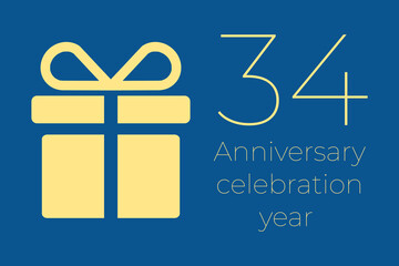 34 -  logo. 34 -  years anniversary celebration text. 34 -  logo on blue background. Illustration with yellow gift icon. Anniversary banner design. Minimalistic greeting card. thirty-four  postcard