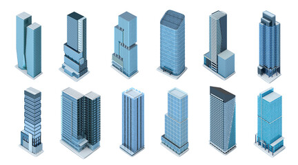 Set of isometric skyscrapers buildings isolated on white. 3d illustration