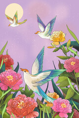 Chinese style flower and bird background material illustration
