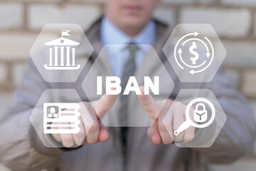 Concept of IBAN International Bank Account Number. Explanation of bank account number. International electronic money transaction system. Financial scheme with country code, check, client identifier.
