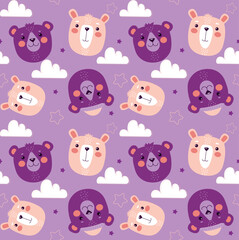 Seamless pattern with cute bears. Repeating template with smiling purple wild animal faces, stars and white clouds. Design element for baby textile or toddler clothes. Cartoon flat vector illustration