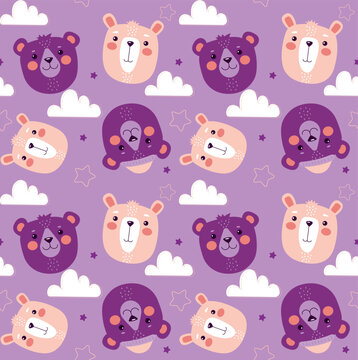 Seamless pattern with cute bears. Repeating template with smiling purple wild animal faces, stars and white clouds. Design element for baby textile or toddler clothes. Cartoon flat vector illustration