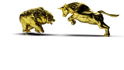 Metallic gold bull and bear sculpture staring at each other in dramatic contrasting light representing financial market trends under white background. Concept 3D CG of stock market. PNG file format.
