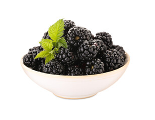 Tasty ripe blackberries in bowl isolated on white