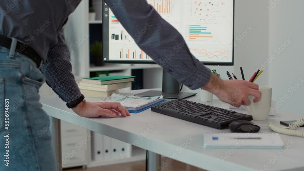 Poster business man looking at commercial documents with charts, using financial statistics to create devel