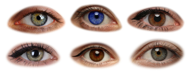 Collage with photos of beautiful eyes on white background. Banner design