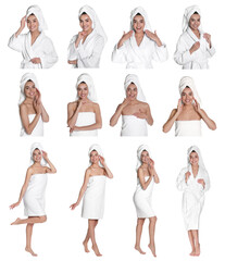Naklejka premium Collage with photos of beautiful young woman with towels on white background