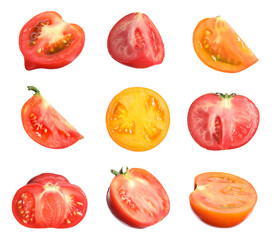 Set with different ripe cut tomatoes on white background