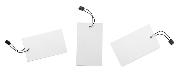 Set with blank tags on white background, top view. Banner design
