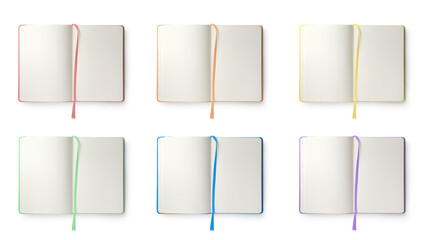 Set with different open notebooks with blank sheets on white background, top view