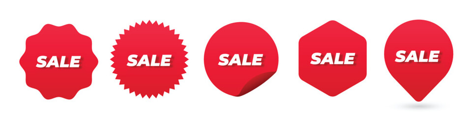 Set of vector red starburst, sunburst badges. Simple flat style vintage labels, stickers.
