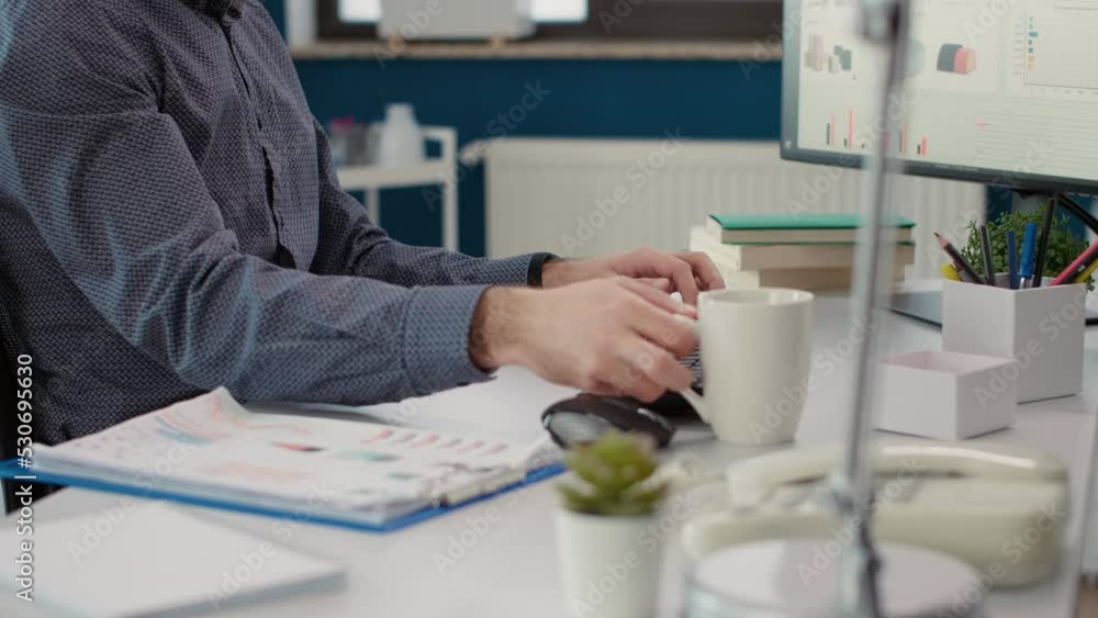 Poster project manager working with financial statistics on computer, planning business charts development 