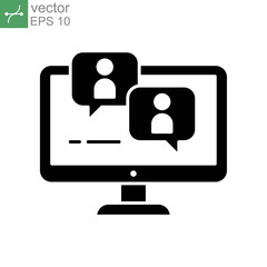 Webinar, online meeting education. Monitor screen with discussion dialog symbol for Virtual classroom on streaming in web or application. Solid Vector illustration. Design on white background. EPS 10