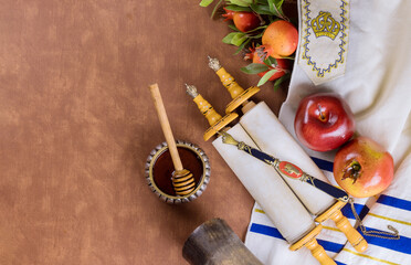 Traditionally ritual kosher dessert food with Apple, Honey, Pomegranate, and Shofar are some of the...