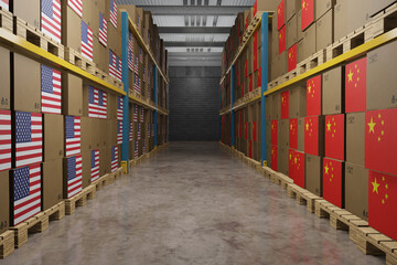 Carton boxes having the national flags of the USA and China placed on pallets in a warehouse. Illustration of the concept of trade war, trade sanctions and import tariffs