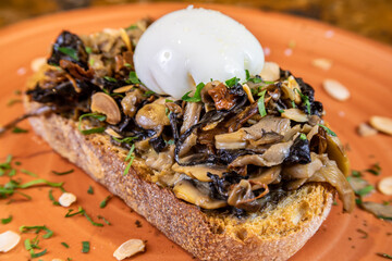 Typical colombian food, mushroom tostada with egg