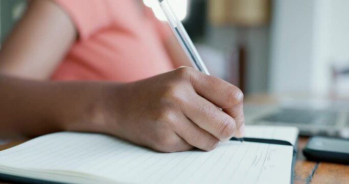 Notebook, hands and writing information for study or personal note reminder in diary journal. Discipline, organised, and professional writer with memo book for report or appointment booking.