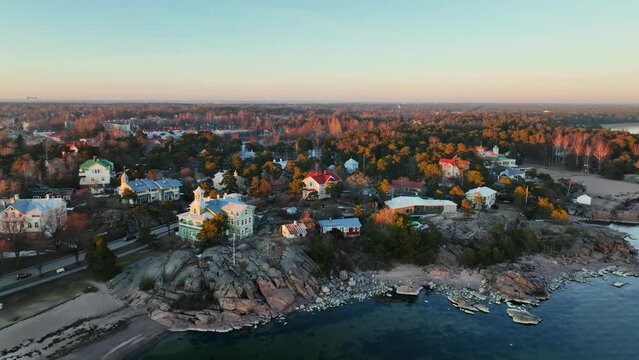 Aerial view overlooking old seaside villas in Hanko, spring sunset in south Finland