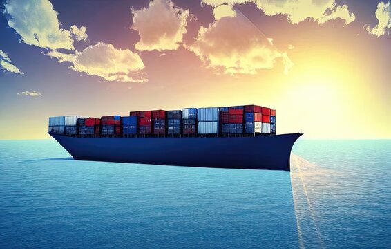 Freight Shipping Maritime Container Cargo Ship, Import Export Commerce Business Trade Logistic And Transportation Of International By Container Cargo By Ship Boat On Open Sea