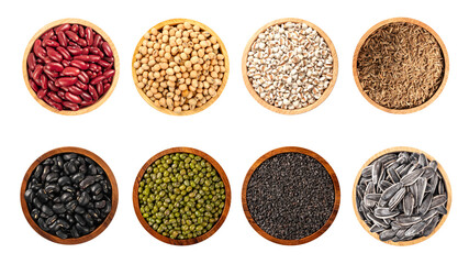 Set of Various cereal ,legumes ,kidney bean, green bean,  black bean, sesame , and sunflower seed in wooden bowl isolated in white background