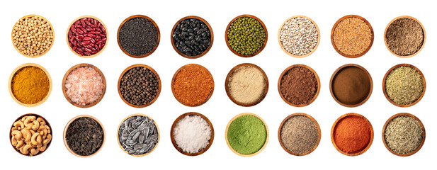 Various collection of condiment spicy and herb isolated on white background.