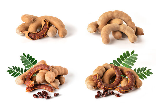 Set of Tamarind with green leaves isolated on white background.