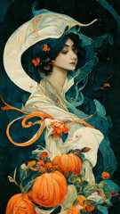 Halloween painting of beautiful woman with pumpkins and floral elements