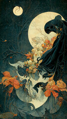 Halloween painting of abstract dark figure with moon and florals