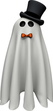 Single floating cute Halloween ghost with top hat and bow tie on transparent background. 3D illustration render.
